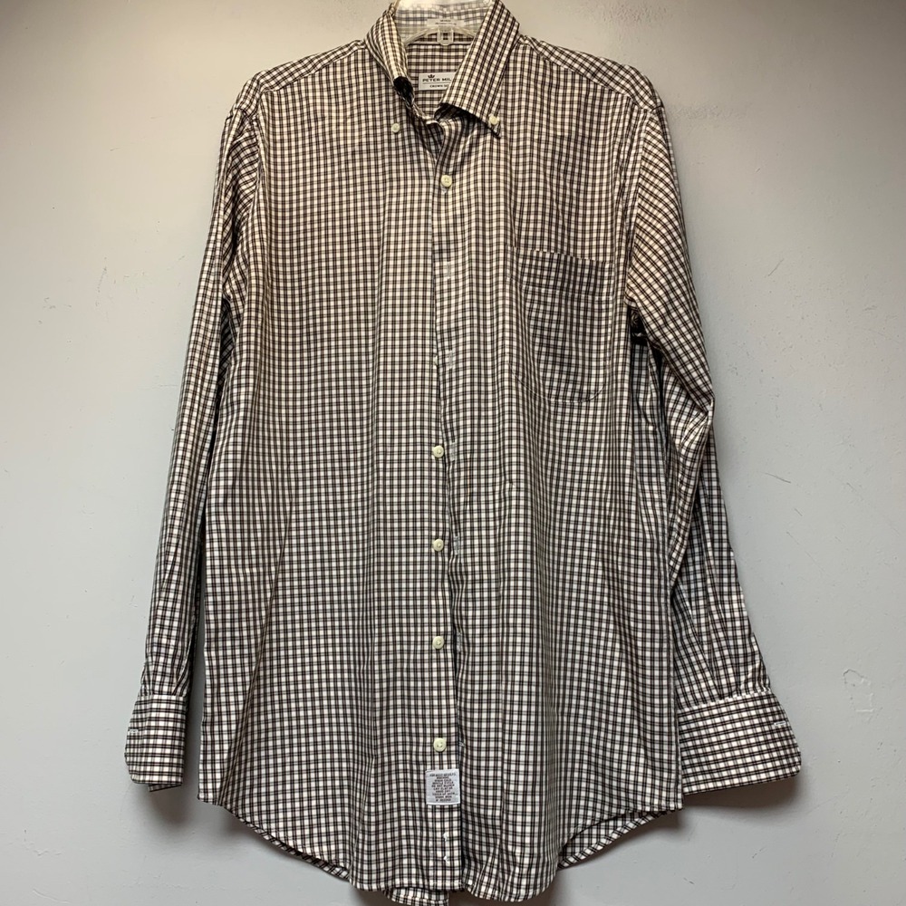 Peter Millar Crown Soft Shirt Mens Medium Brown Plaid Silk Blend Excellent LS